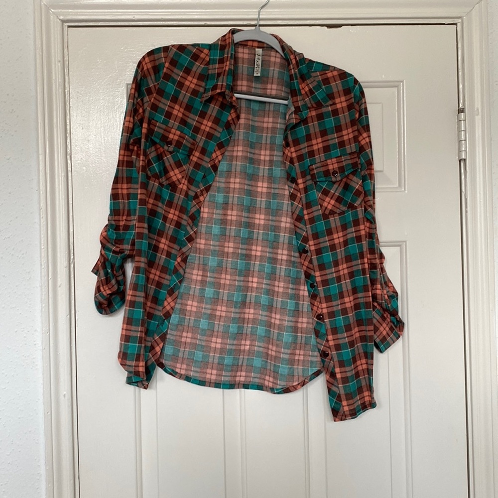 Button down brown, teal, and pink flannel